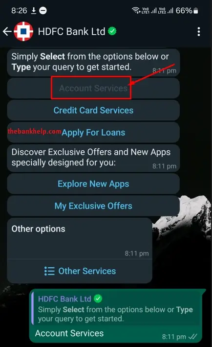 select account services option in hdfc whatsapp banking