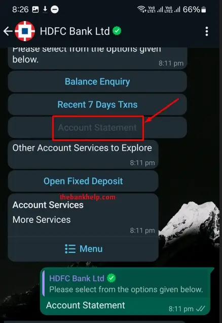 select account statement option in hdfc whatsapp banking
