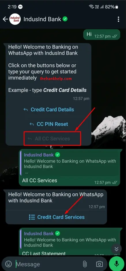 select all cc services option in indusind bank whatsapp banking