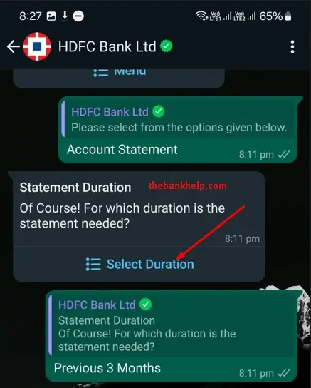 select statement duration option in hdfc whatsapp banking